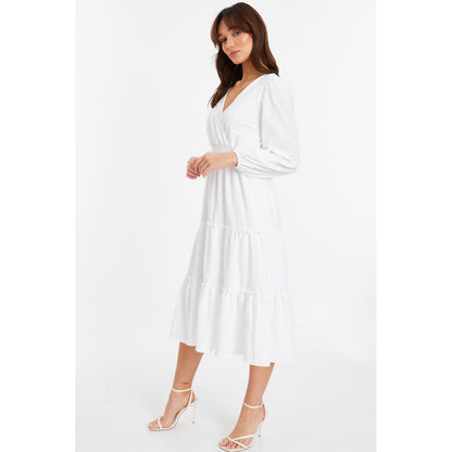 Quiz Clothing White V-Neck Full Sleeve Waisted Fit And Flared Midi Dress