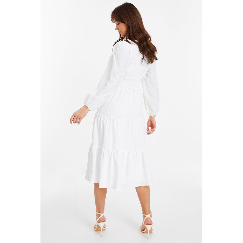 Quiz Clothing White V-Neck Full Sleeve Waisted Fit And Flared Midi Dress