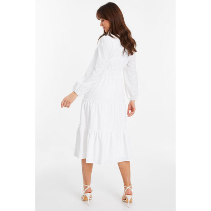 Quiz Clothing White V-Neck Full Sleeve Waisted Fit And Flared Midi Dress
