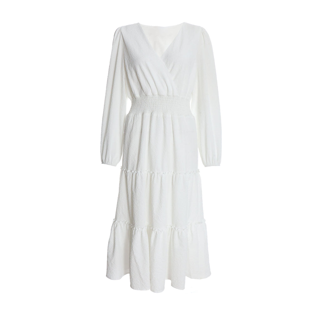 Quiz Clothing White V-Neck Full Sleeve Waisted Fit And Flared Midi Dress