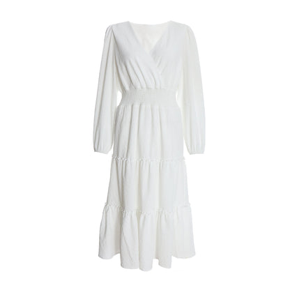 Quiz Clothing White V-Neck Full Sleeve Waisted Fit And Flared Midi Dress