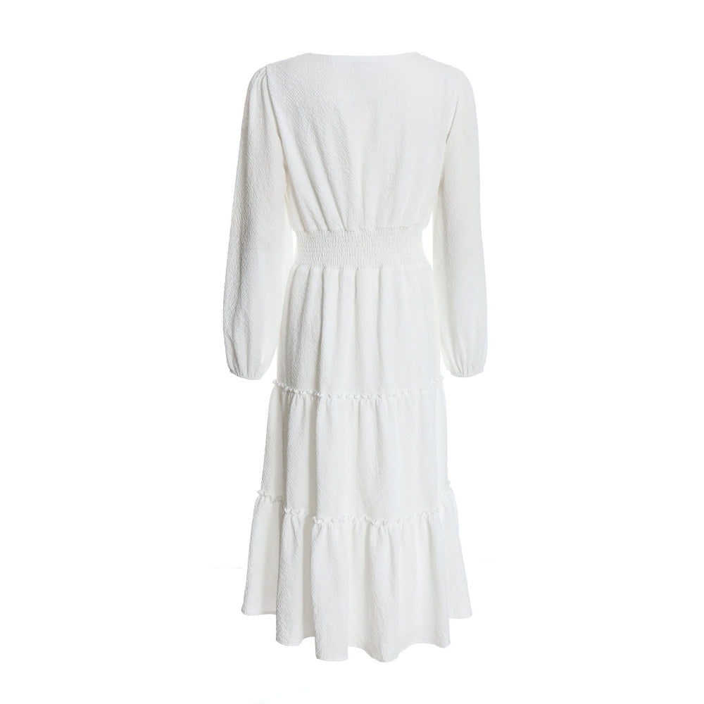 Quiz Clothing White V-Neck Full Sleeve Waisted Fit And Flared Midi Dress