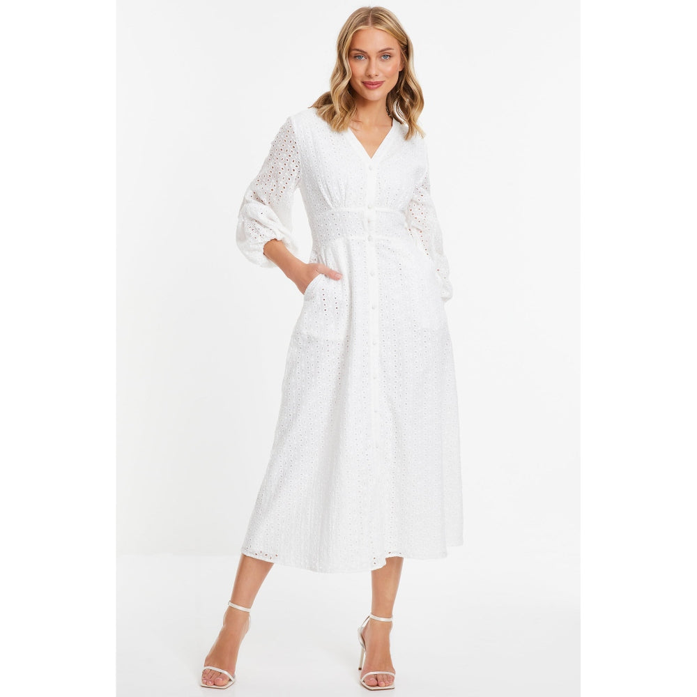 Quiz Clothing White Schiffli Buttoned Waisted V-Neck Midi Dress
