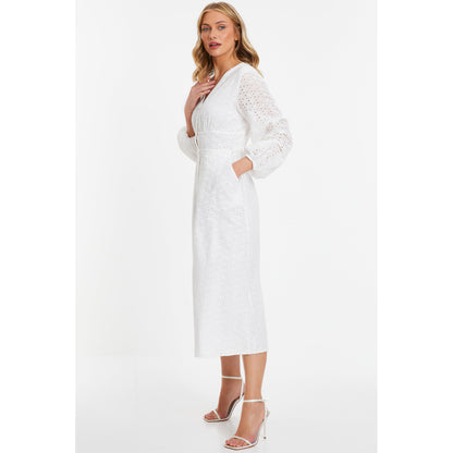Quiz Clothing White Schiffli Buttoned Waisted V-Neck Midi Dress