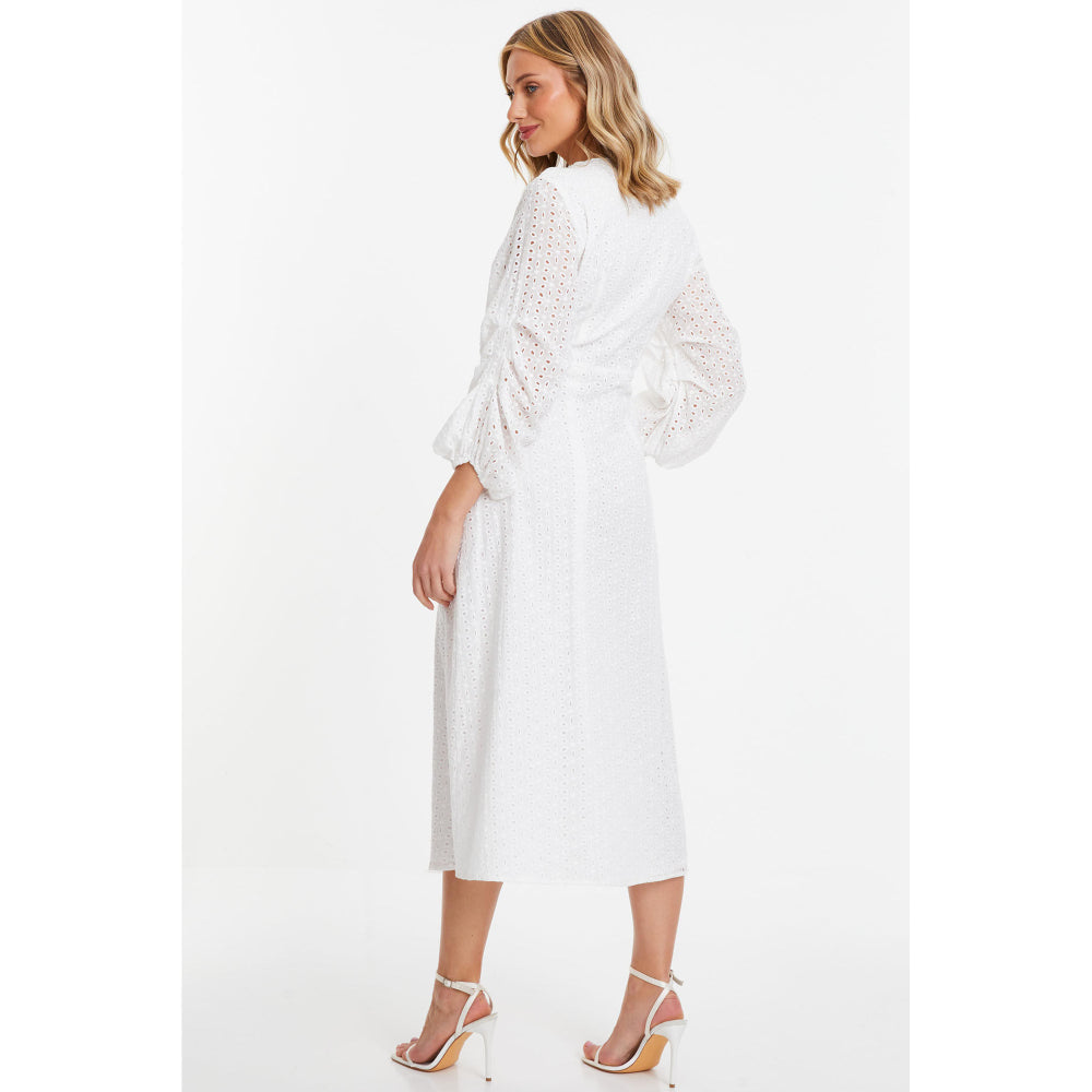 Quiz Clothing White Schiffli Buttoned Waisted V-Neck Midi Dress