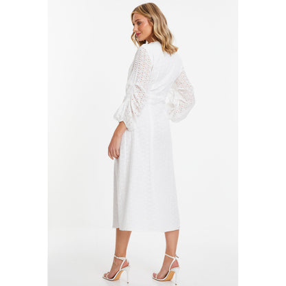 Quiz Clothing White Schiffli Buttoned Waisted V-Neck Midi Dress