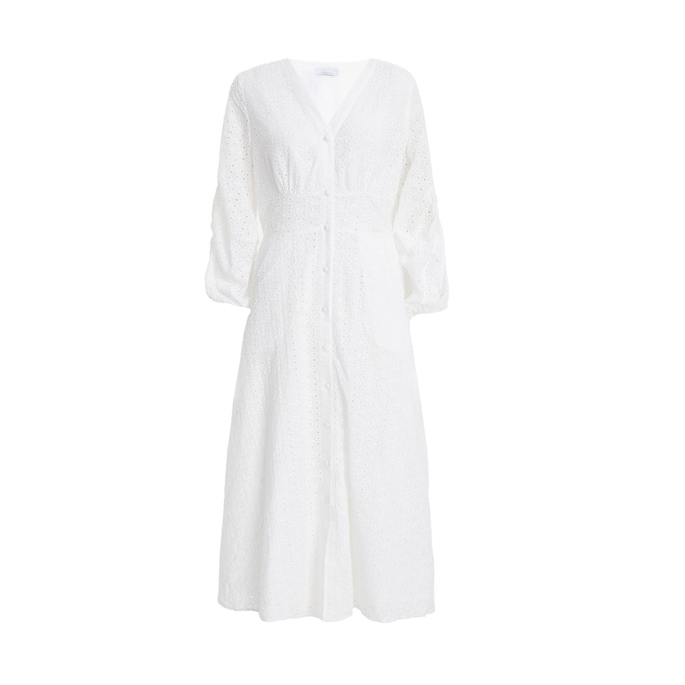 Quiz Clothing White Schiffli Buttoned Waisted V-Neck Midi Dress