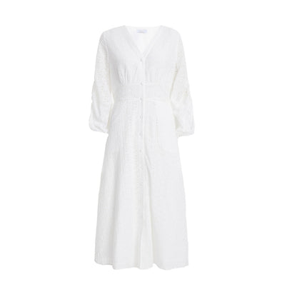 Quiz Clothing White Schiffli Buttoned Waisted V-Neck Midi Dress