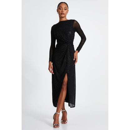 Quiz Clothing Black Embellished Front Knot Round Neck Long Sleeve Midi Dress
