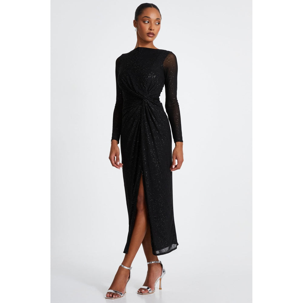 Quiz Clothing Black Embellished Front Knot Round Neck Long Sleeve Midi Dress