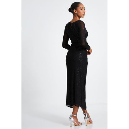 Quiz Clothing Black Embellished Front Knot Round Neck Long Sleeve Midi Dress