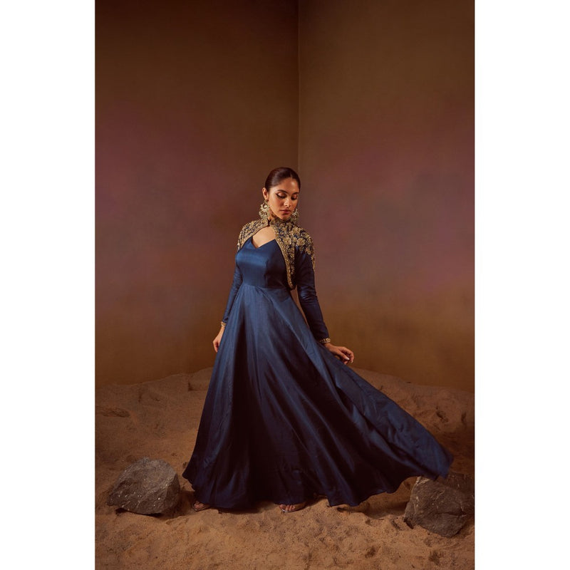 Qunic Deep Sea Blue Gown with Cape (Set of 2)
