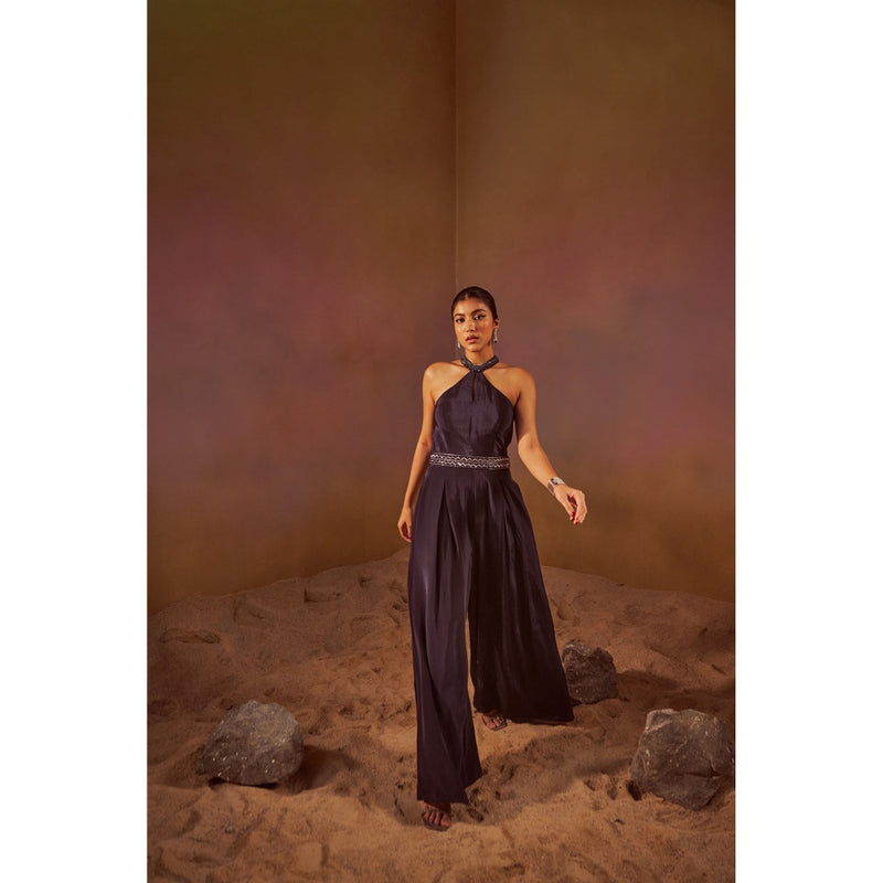 Qunic Navy Blue Halter Neck Jumpsuit with Hand Embroidery Belt (Set of 2)