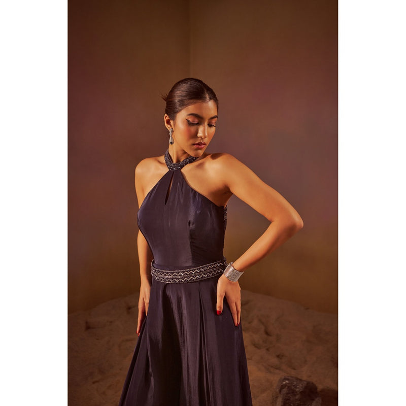 Qunic Navy Blue Halter Neck Jumpsuit with Hand Embroidery Belt (Set of 2)