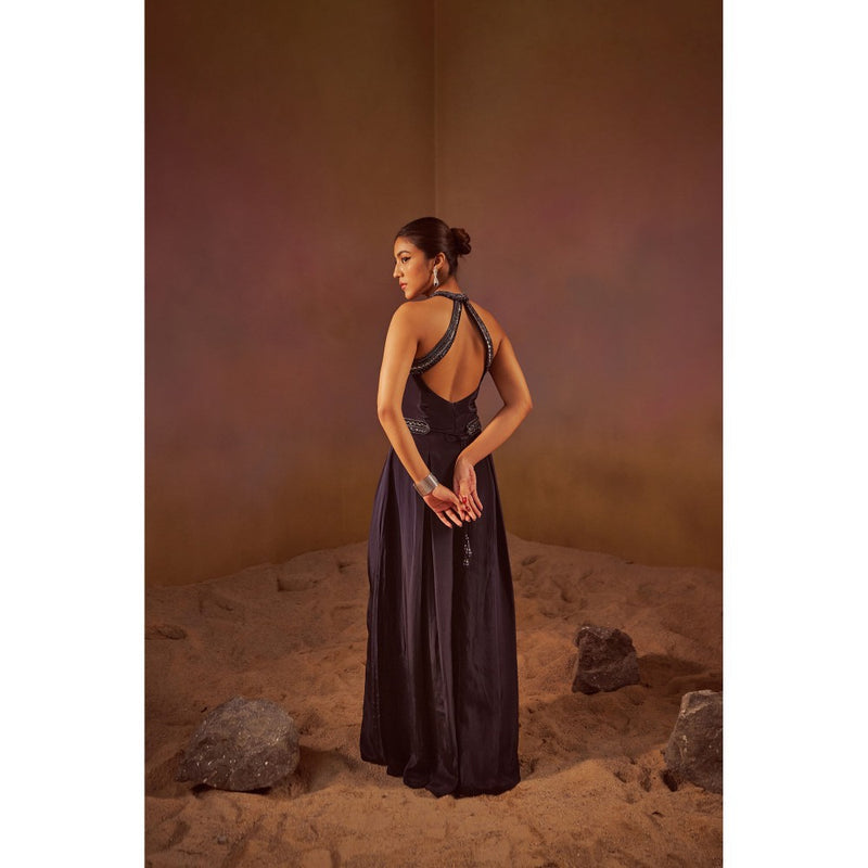 Qunic Navy Blue Halter Neck Jumpsuit with Hand Embroidery Belt (Set of 2)