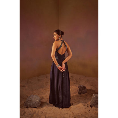 Qunic Navy Blue Halter Neck Jumpsuit with Hand Embroidery Belt (Set of 2)