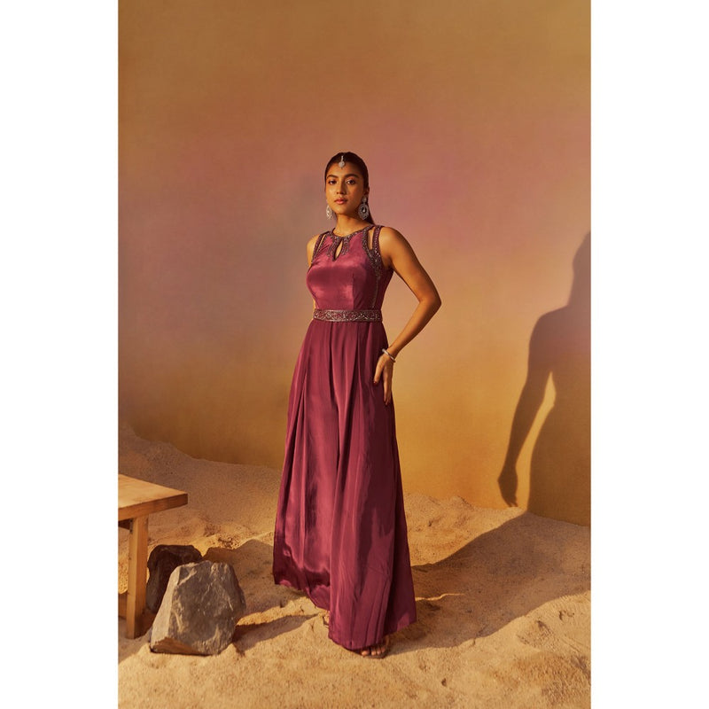 Qunic Dusty Mauve Jumpsuit with Hand Embroidery Belt (Set of 2)