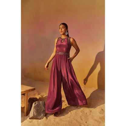 Qunic Dusty Mauve Jumpsuit with Hand Embroidery Belt (Set of 2)