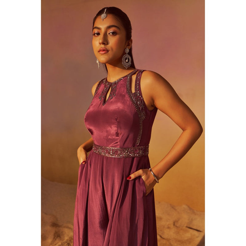 Qunic Dusty Mauve Jumpsuit with Hand Embroidery Belt (Set of 2)