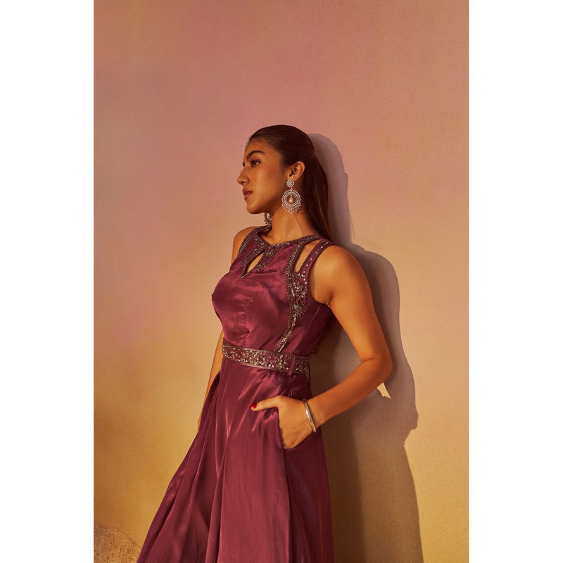 Qunic Dusty Mauve Jumpsuit with Hand Embroidery Belt (Set of 2)