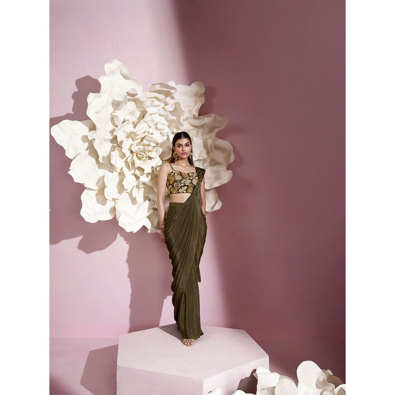 Qunic Green Sage Petals Pre-Draped Saree with Stitched Blouse