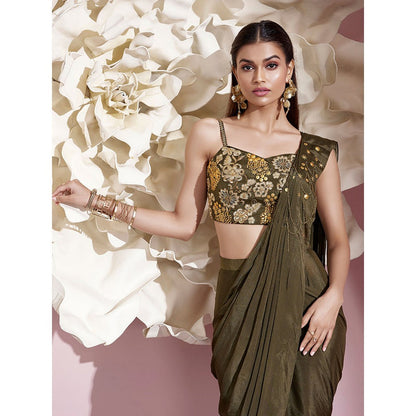 Qunic Green Sage Petals Pre-Draped Saree with Stitched Blouse