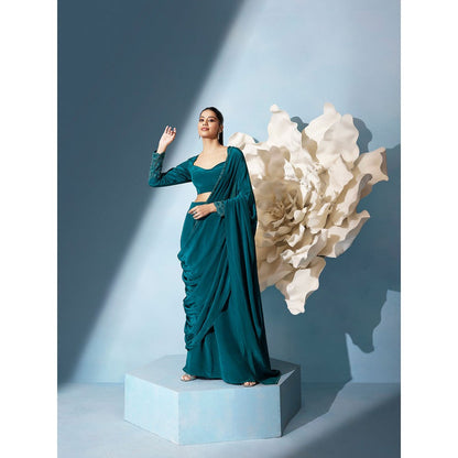 Qunic Teal Allure Pre-Draped Saree with Stitched Blouse