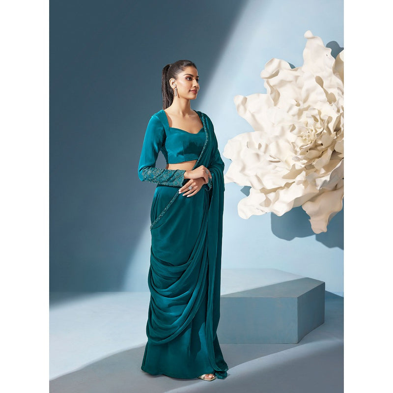 Qunic Teal Allure Pre-Draped Saree with Stitched Blouse