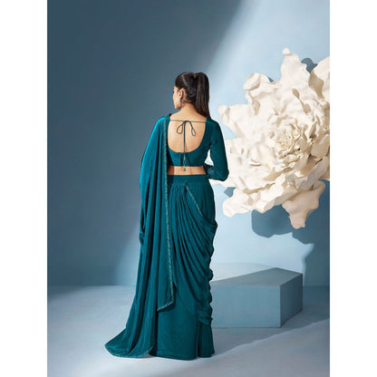 Qunic Teal Allure Pre-Draped Saree with Stitched Blouse