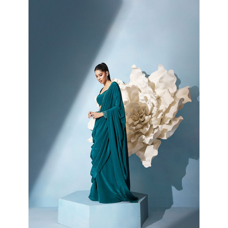 Qunic Teal Allure Pre-Draped Saree with Stitched Blouse