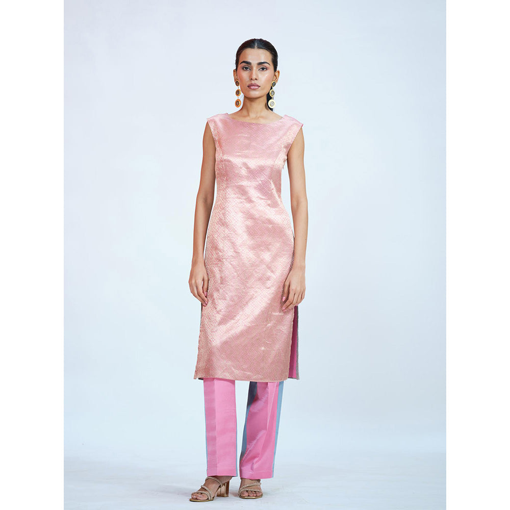 RAAG SUTRA Pink Blue Brocade Kurta with Pant (Set of 2)
