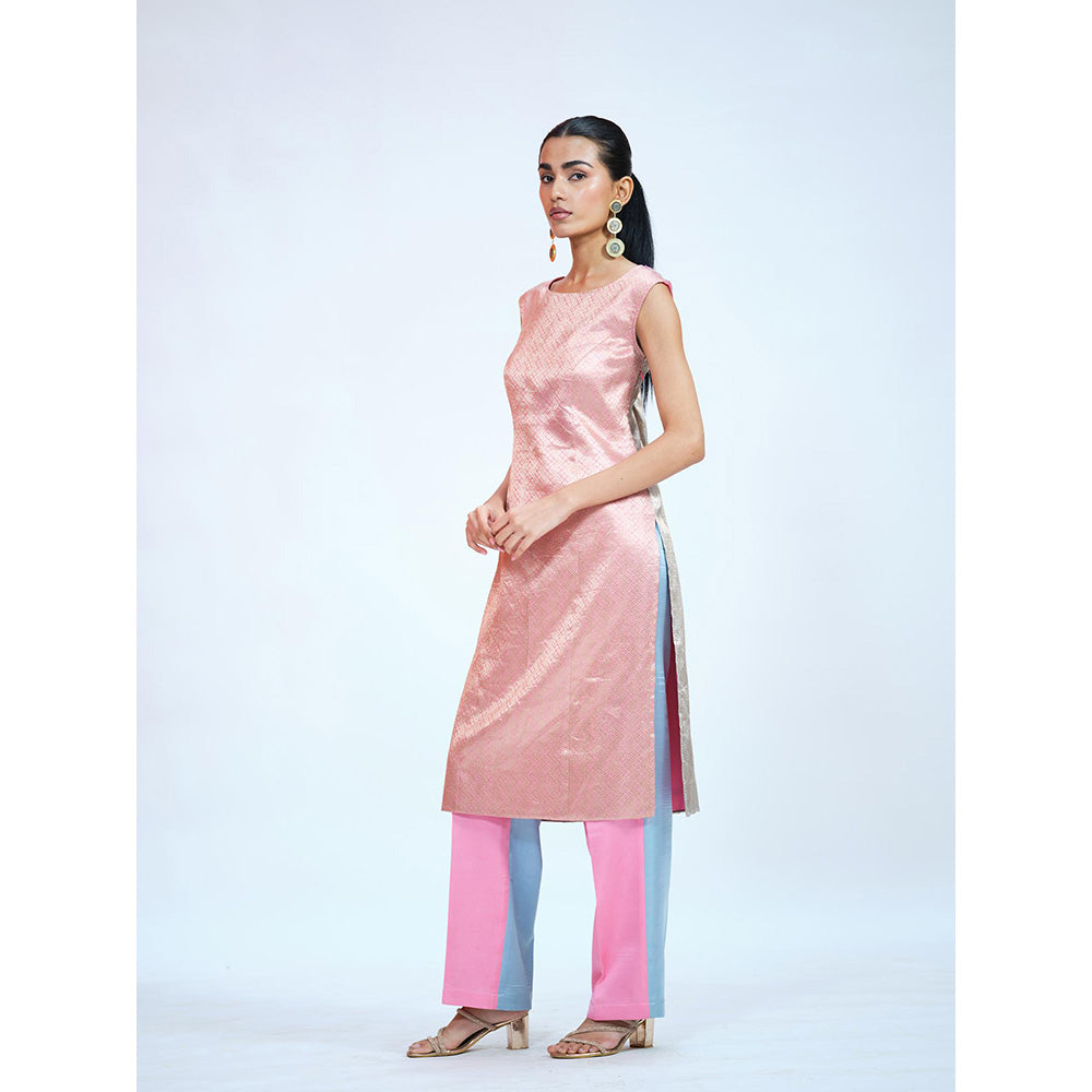 RAAG SUTRA Pink Blue Brocade Kurta with Pant (Set of 2)
