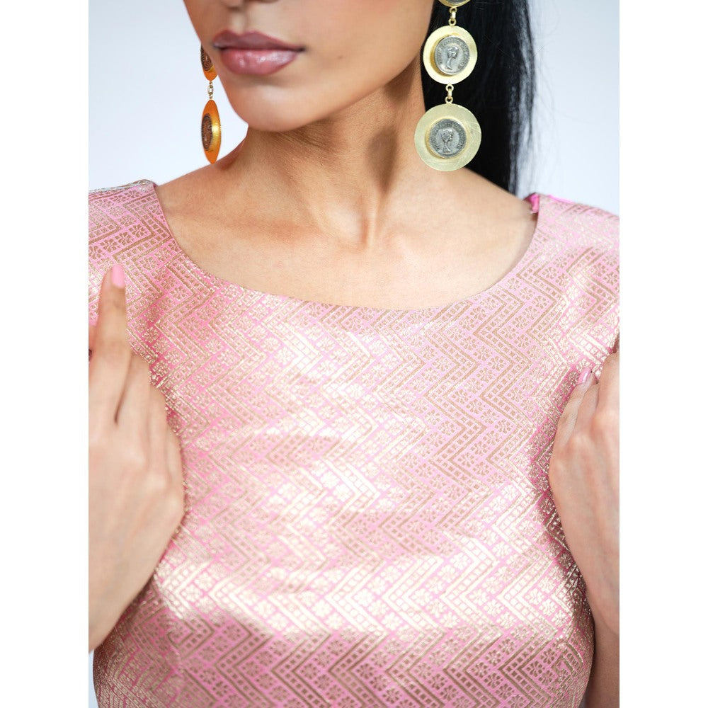 RAAG SUTRA Pink Blue Brocade Kurta with Pant (Set of 2)