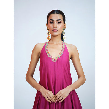 RAAG SUTRA Purple Halter Neck Anarkali Kurta with Pant (Set of 2)