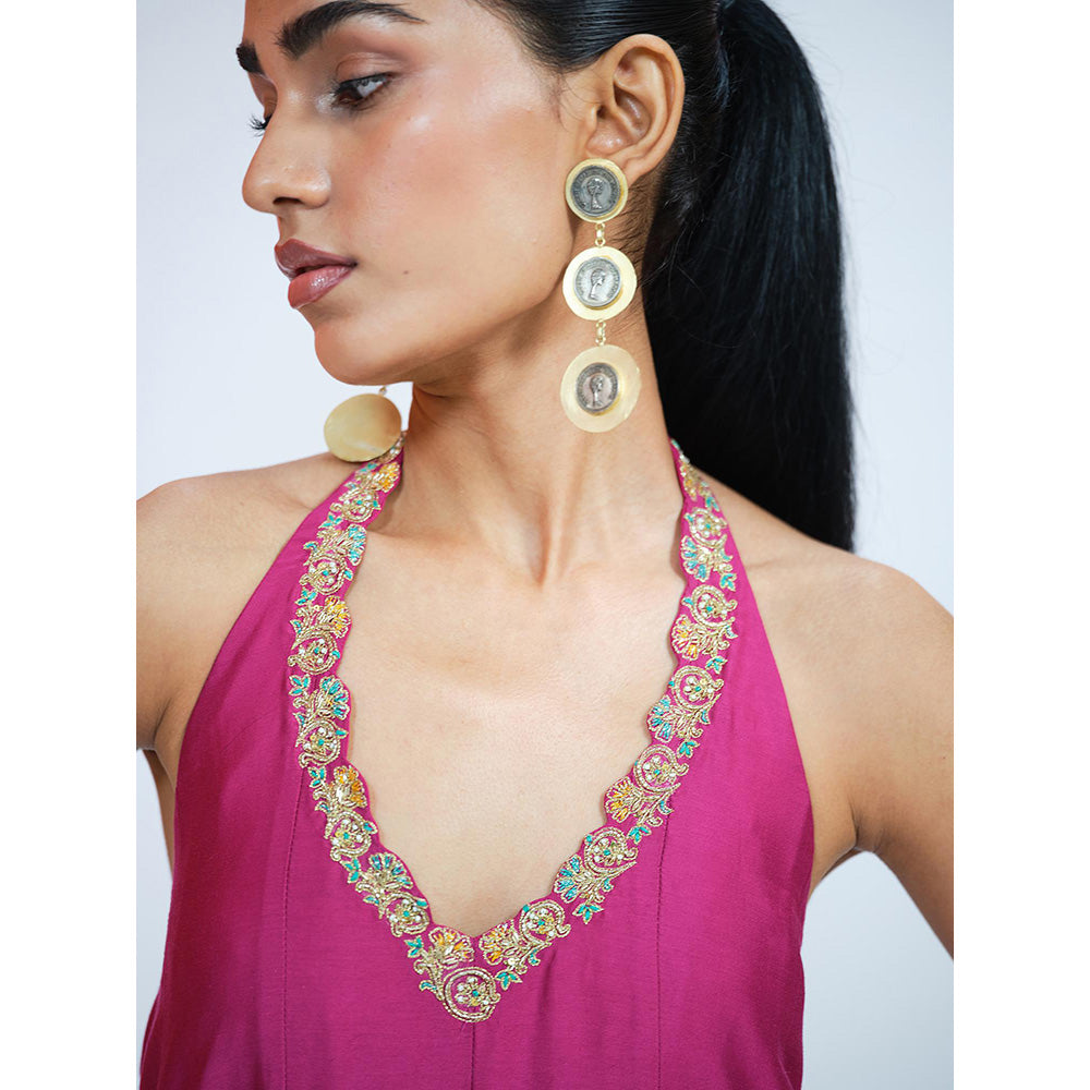 RAAG SUTRA Purple Halter Neck Anarkali Kurta with Pant (Set of 2)