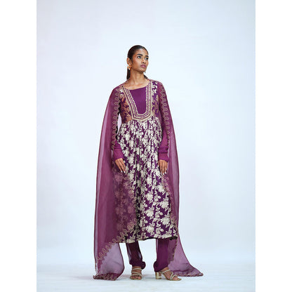 RAAG SUTRA Beetroot Georgette Brocade Anarkali Kurta with Pant and Dupatta (Set of 3)