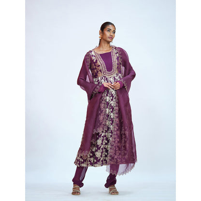 RAAG SUTRA Beetroot Georgette Brocade Anarkali Kurta with Pant and Dupatta (Set of 3)