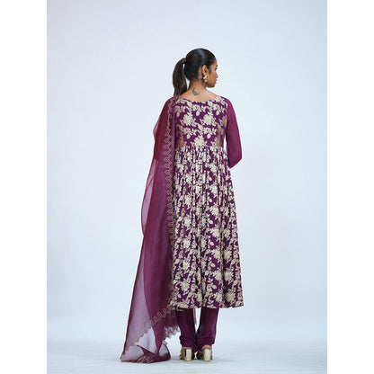RAAG SUTRA Beetroot Georgette Brocade Anarkali Kurta with Pant and Dupatta (Set of 3)
