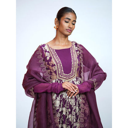 RAAG SUTRA Beetroot Georgette Brocade Anarkali Kurta with Pant and Dupatta (Set of 3)