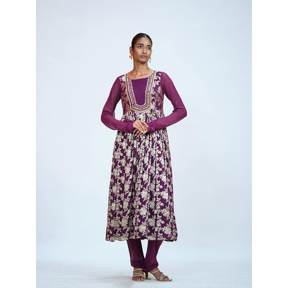 RAAG SUTRA Beetroot Georgette Brocade Anarkali Kurta with Pant and Dupatta (Set of 3)