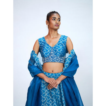 RAAG SUTRA Teal Blue Brocade Lehenga with Blouse and Dupatta (Set of 3)