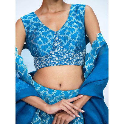 RAAG SUTRA Teal Blue Brocade Lehenga with Blouse and Dupatta (Set of 3)