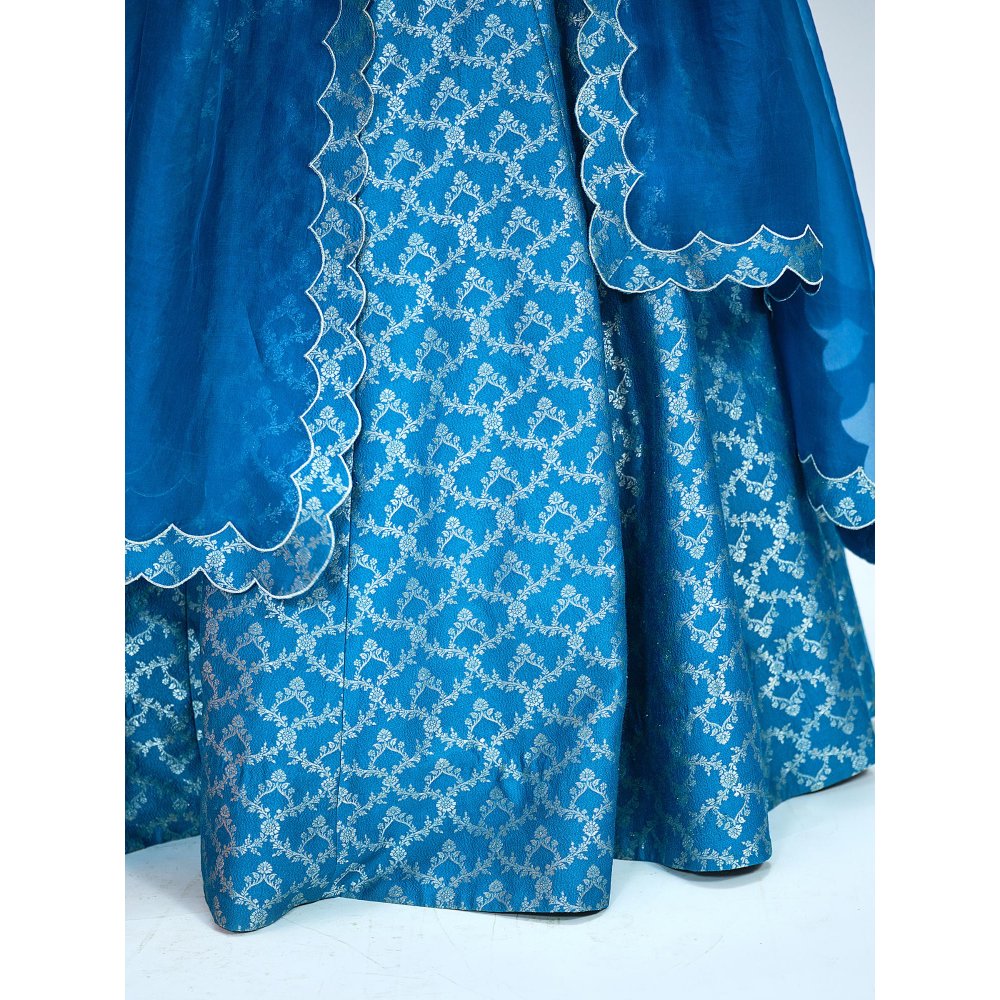 RAAG SUTRA Teal Blue Brocade Lehenga with Blouse and Dupatta (Set of 3)
