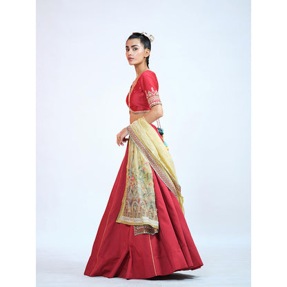 RAAG SUTRA Red Silk Lehenga with Blouse and Dupatta (Set of 3)