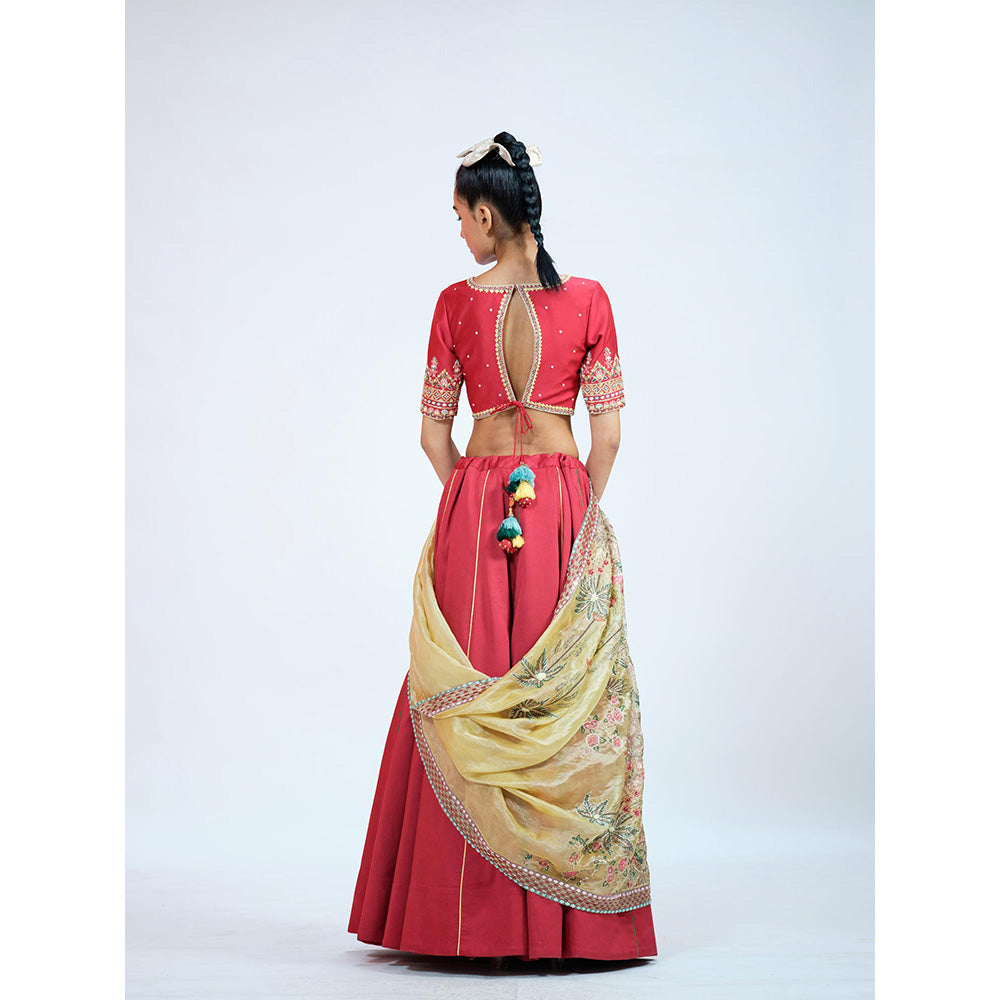 RAAG SUTRA Red Silk Lehenga with Blouse and Dupatta (Set of 3)