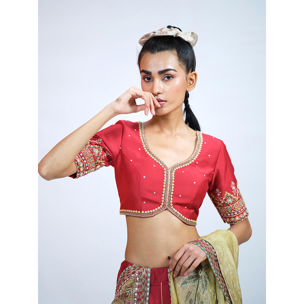 RAAG SUTRA Red Silk Lehenga with Blouse and Dupatta (Set of 3)