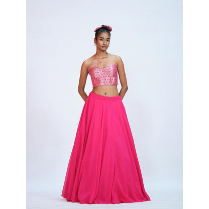 RAAG SUTRA Rani Brocade And Georgette Lehenga with Crop Top (Set of 2)