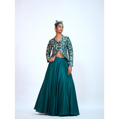 RAAG SUTRA Silk Bottle Teal Jacket with Lehenga (Set of 2)