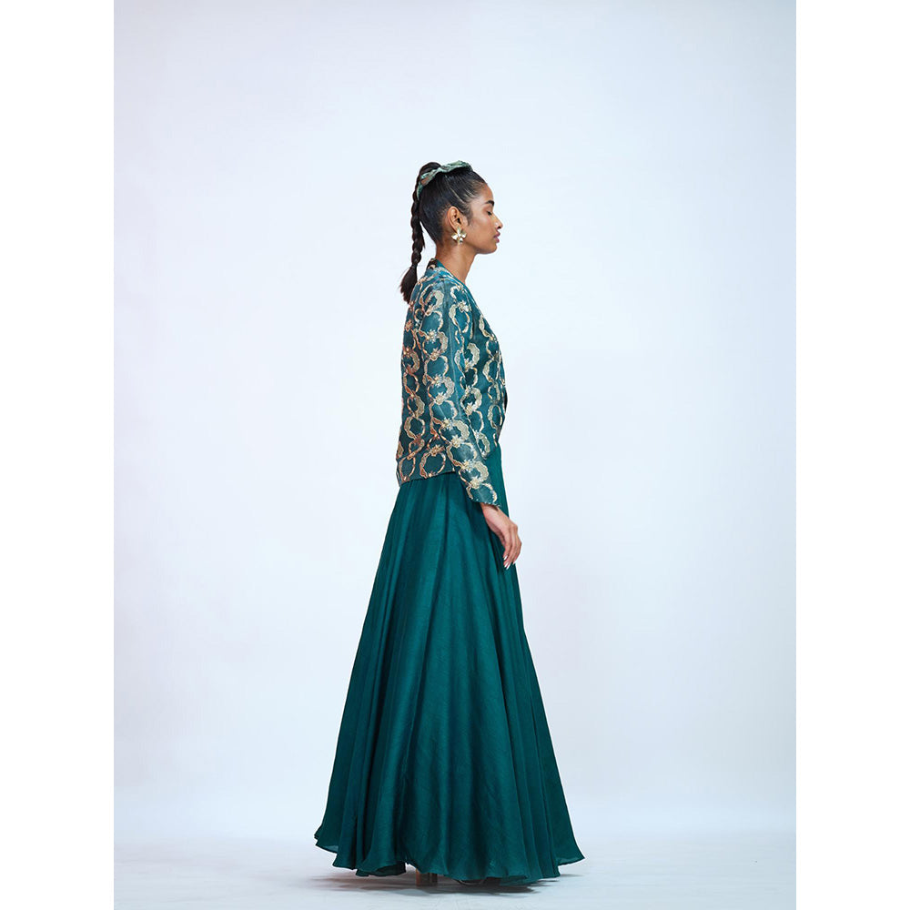 RAAG SUTRA Silk Bottle Teal Jacket with Lehenga (Set of 2)