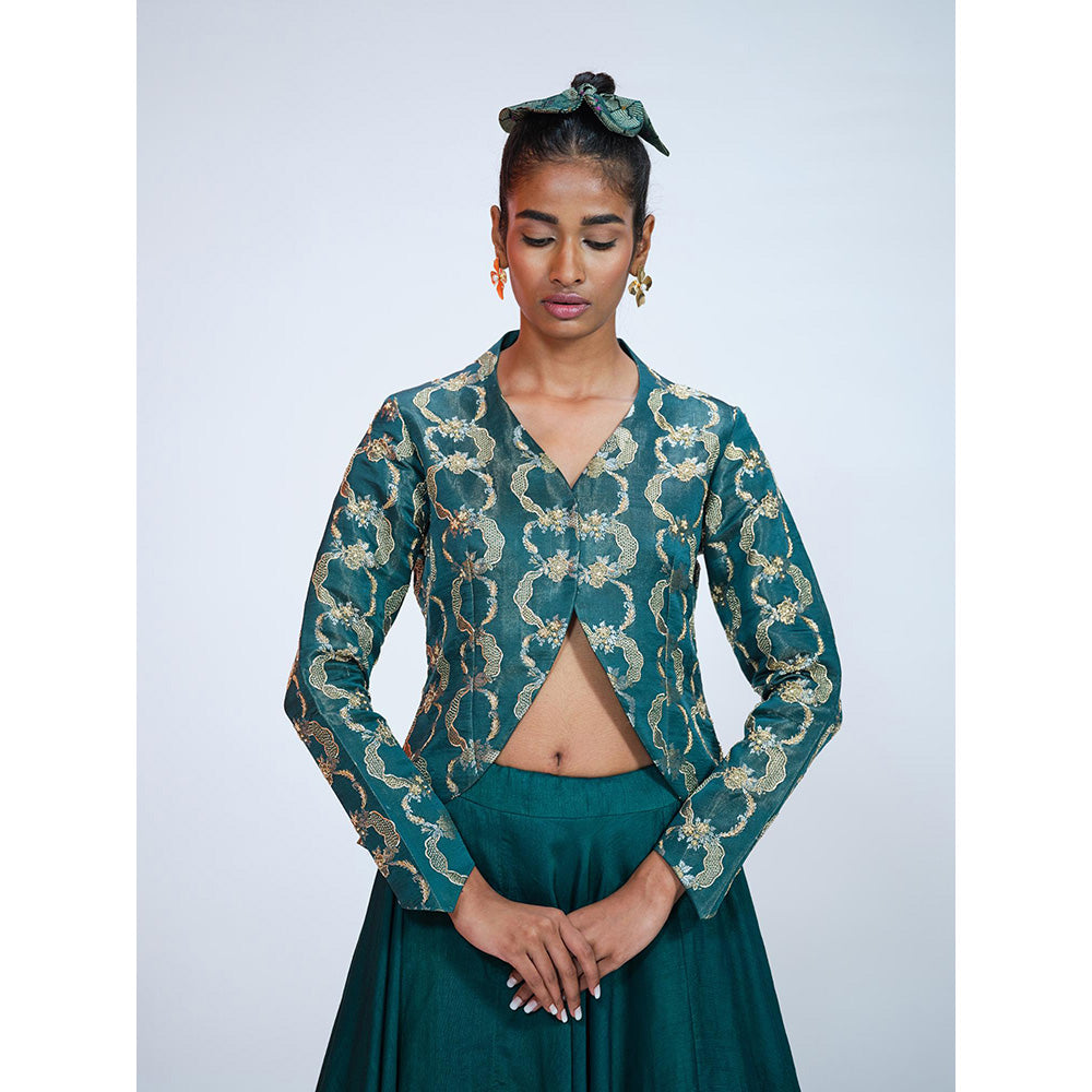 RAAG SUTRA Silk Bottle Teal Jacket with Lehenga (Set of 2)